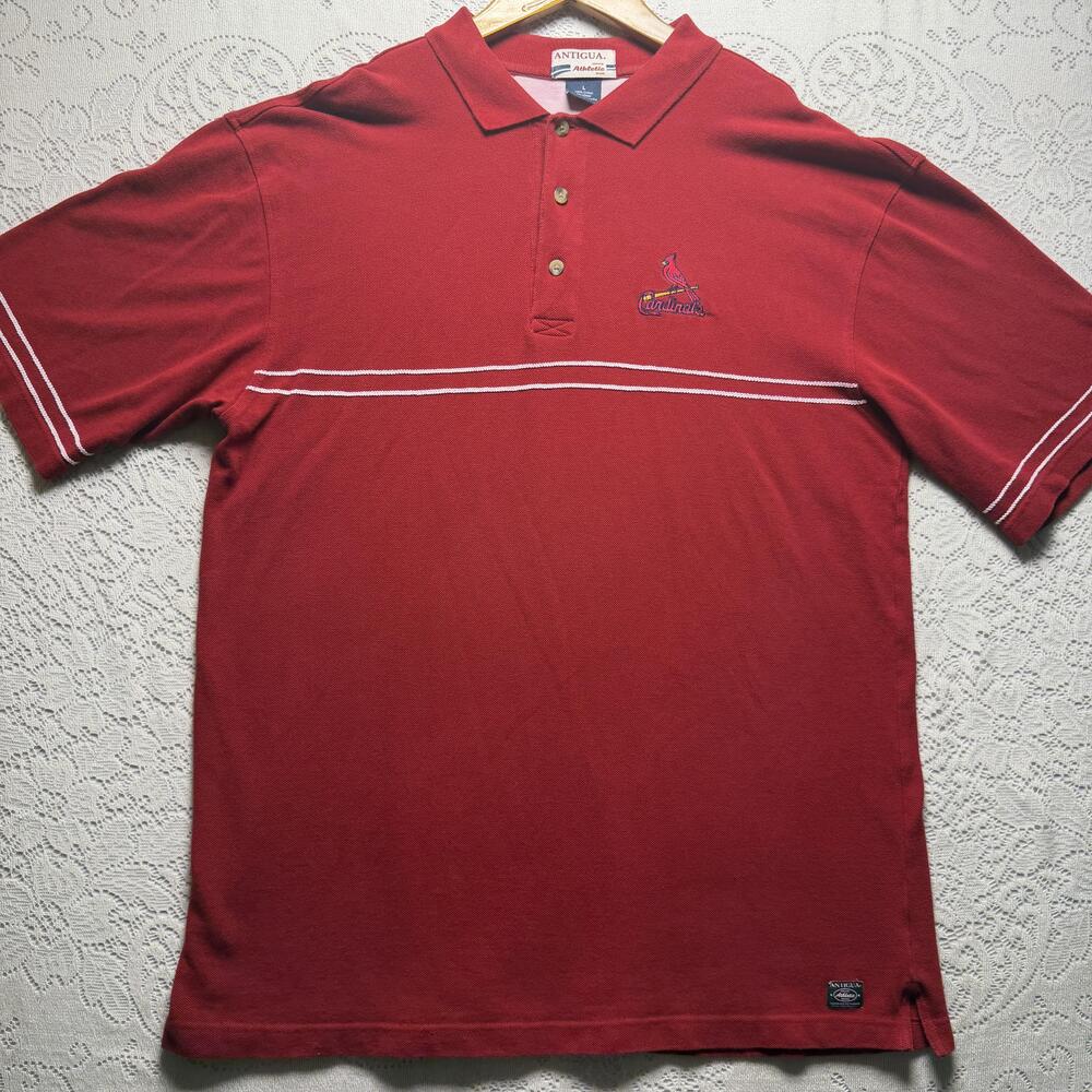 St Louis Cardinals Polo Shirt Mens Large Red MLB Baseball Antigua Stripe Logo